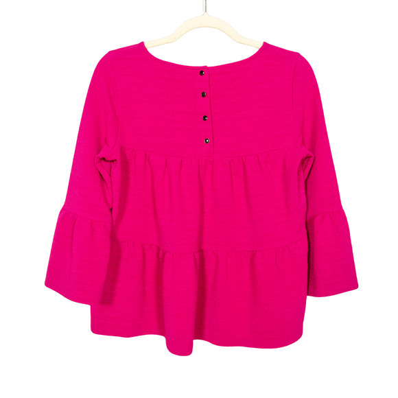 J CREW Button-Back Tiered Bell-Sleeve Knit Top in Bright Berry Women's XS - Picture 2 of 6